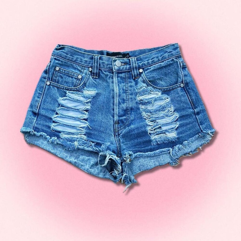 MINKPINK Denim Distressed High Waisted Shorts